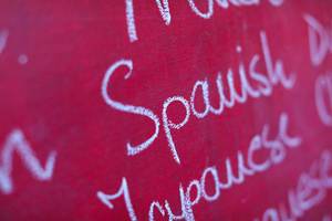 Fremdsprachen: das Wort "Spanish" mit Kreide in einer Liste auf einer pinkfarbenen Tafel geschrieben