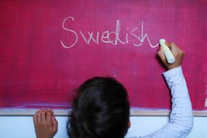 Fremdsprachen: das Wort "Swedish" wird mit Kreide auf einer pinkfarbenen Tafel geschrieben