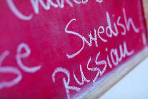 Fremdsprachen: die Wörter "Swedish" und "Russian" mit Kreide in einer Liste auf einer pinkfarbenen Tafel geschrieben