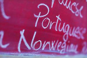 Fremdsprachen: "Portuguese" und "Norwegian" mit Kreide in einer Liste auf einer pinkfarbenen Tafel geschrieben