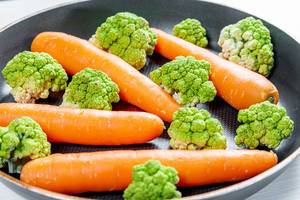 Fresh carrots and broccoli in the pan close-up (Flip 2019)