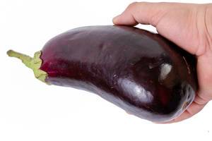 Fresh Eggplant in the hand above white background (Flip 2019)