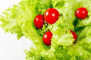 Fresh lettuce with cherry tomatoes on white background (Flip 2019)