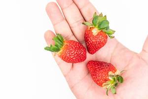 Fresh Raw Strawberries in the hand above white background (Flip 2020)