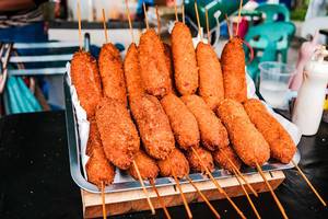 Fried corn dogs on display at a food fair in Bacolod (Flip 2019)
