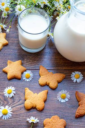Frische Milch in einem Glas und einer Karaffe im Landhausstil, neben selbstgebackenen Plätzchen und Gänsbeblümchen, auf einem Holztisch