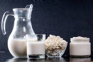 Frische Milchprodukte – Karaffe und Glas mit Kuhmilch, Glas mit Sauerrahm und selbstgemachte Hüttenkäse