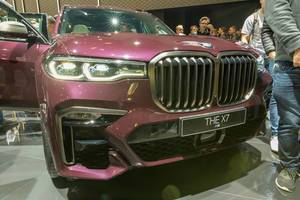 Front view of luxury SUV BMW x7 M50i at car show and trade fair IAA