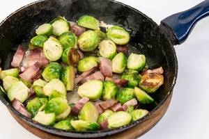 Frying Brussel Sprouts with Bacon