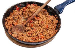 Frying Minced Meat with Paprika in the frying pan