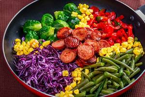 Frying pan with vegetables and sausages (Flip 2019)