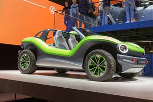 Fun e-vehicle for the beach: green electric ID.Buggy by Volkswagen