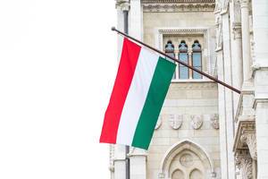 Gehisste ungarische Flagge am Parlament in Budapest