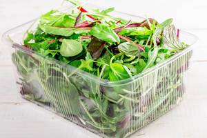 Gemischter Salat mit Mangold, Spinat, Feldsalat und Ruccola in einer Plastikverpackung