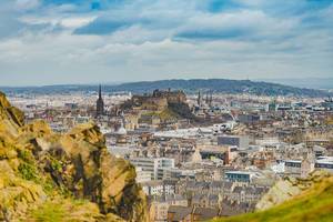 General view of Edinburgh from Edinburgh Castle with Holyrood Park and Arthur`s Seat. Editorial Stock Photo  (Flip 2019)