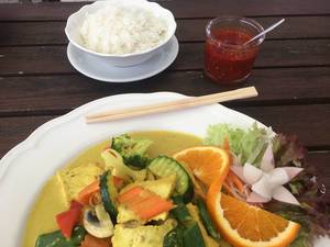 Gesundes Curry-Kurkuma als veganes Mittagessen, mit Reis, scharfer Sauce, Gemüse und Salat, auf einem weißen Teller mit Essstäbchen