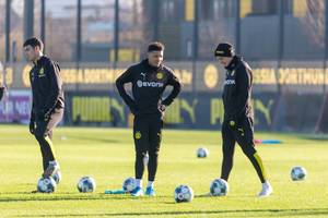 Giovanni Reyna, Jadon Sancho, Julian Brandt und viele Fußballbälle auf dem Borussia Dortmund Trainingsplatz