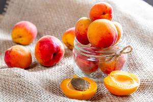 Glass jar with apricots on burlap background (Flip 2019)