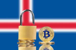 Golden Bitcoin, padlock and flag of Iceland
