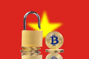 Golden Bitcoin, padlock and flag of Vietnam
