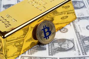Golden Bitcoin with gold bar and money
