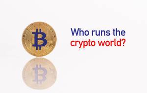 Golden Bitcoin with Who runs the crypto world text