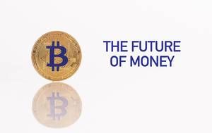 Goldene Bitcoinmünze mit dem Text "The Future of Money" (Die Zukunft des Geldes)