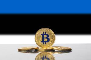 Goldene Bitcoins spiegeln sich auf der Oberfläche vor der Flagge von Estland