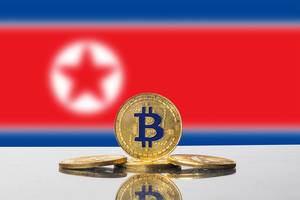 Goldener Bitcoin steht auf drei Münzen vor der Flagge von Nordkorea
