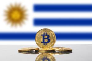 Goldener Bitcoin strahlt mit Sonne der Flagge von Uruguay im Hintergrund um die Wette
