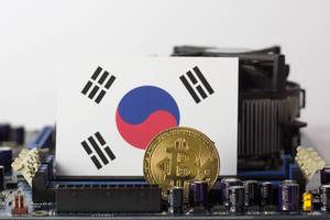 Goldener Bitcoin und die südkoreanische Flagge