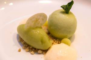 Granny Smith at Chino Latino: Mousse, Candied Apple, Sorbet, Chip, Ginger Custard