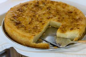 Greek cake "Chamali" with almonds and cake fork
