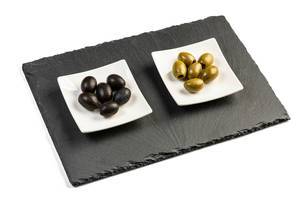 Green and Black Olives on the black tray