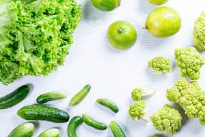 Green vegetables and fruits background on white table (Flip 2019)
