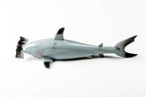 Grey hammerhead shark toy on white background (Flip 2020)