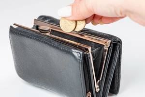 Hand einer Frau setzt Münzen in eine offene schwarze Brieftasche ein