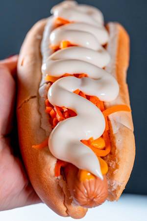 Hand hält Hotdog mit Karotten und Soße