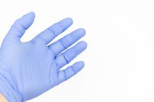 Hand in blue Medical Gloves with copy space above white background