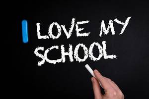Hand schreibt "I love my school" - Ich liebe meine Schule - mit Kreide auf eine schwarze Tafel