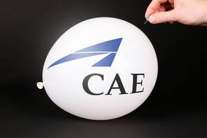 Hand uses a needle to burst a balloon with CAE logo
