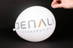 Hand uses a needle to burst a balloon with Denali Therapeutics logo