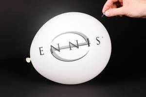 Hand uses a needle to burst a balloon with Ennis logo