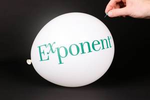 Hand uses a needle to burst a balloon with Exponent logo