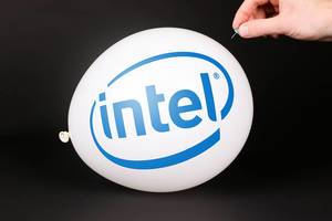 Hand uses a needle to burst a balloon with Intel logo