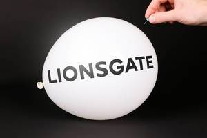 Hand uses a needle to burst a balloon with Lionsgate logo