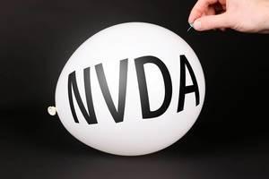 Hand uses a needle to burst a balloon with NVDA text
