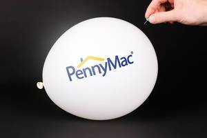 Hand uses a needle to burst a balloon with PennyMac logo