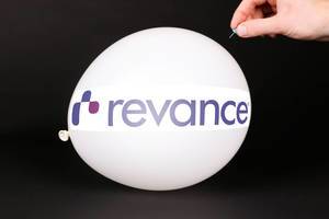 Hand uses a needle to burst a balloon with Revance logo