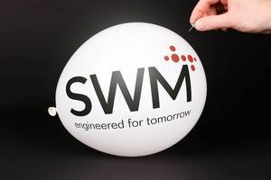 Hand uses a needle to burst a balloon with Schweitzer Mauduit International logo